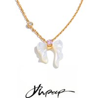 Yhpup Stainless Steel Natural Shell Butterfly Pendant Necklace for Women Exquisite Fashion Bow Knot Daily Wear Neck Jewelry Gift