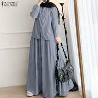 ZANZEA Muslim Hijab Tracksuit Outfits 2026 Summer Women Long Sleeve Tops Shirt Dress Sets Women 2 Pieces Sets Striped Skirt Suit
