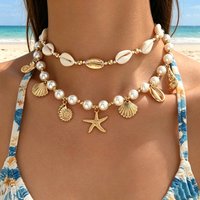 Baroque Imitation Pearl Choker Necklace Starfish Shell Pendant Boho Adjustable Summer Beach Jewelry for Women