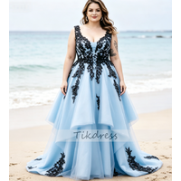 Plus Size Curvy Blue Gothic Wedding Dresses 2026 V Neck Plus Size Tulle Backless Bridal Gowns Elegant Bohemian Civil Receptions