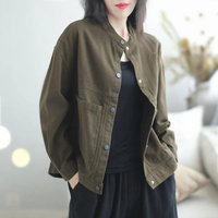 New 2026 Spring Autumn Coat Pure Cotton Solid Color Jacket For Women's Retro Loose Versatile Fashion Large Pocket Coat Top Femal
