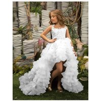 Birthday Flower Girl Dresses For Wedding 2 Piece Applique Princess Pageant Dress With Detachable Train Toddlers Tiered Tulle