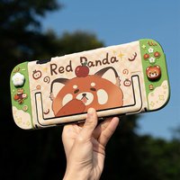 Kawaii Silicone Protective Case and JoyCon Cover for Nintendo Switch 2/OLED with 1Pair Customized Thumb Grips Cute Red Panda