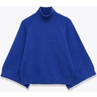 Pull en tricot bleu à manches larges pour femme, pull court à col haut, printemps 2025