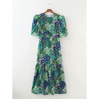 2025 New Fashion Long Printed Dress Lantern Sleeve round Neck Women's Dress Stylish Casual Polyester Fabric Short Sleeve
