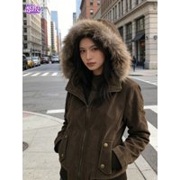 American Vintage Harajuku Jacket Women Slim Brown Fur Collar Hooded Short Coat Winter Gothic Casual Streetwear Fashion Outfit