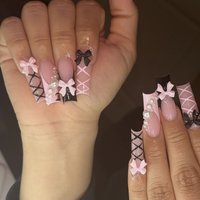 24pcs Long Coffin False Nails Art Bow Pearl Stick on Nail Tip Pink Square Fake Nail Detachable Cross Lines Design Press on Nails