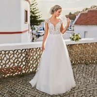 A Line Wedding Dresses Lace Appliques Deep V Neck Backless Bridal Gown Soft Tulle Brides Dress Vestido De Novia Customized