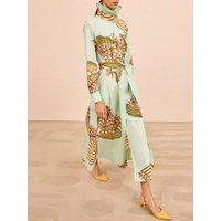 2026 Women's 100% Cotton Green Midi Dress High Neck Long Sleeve Lace-up High Waist Fashion Ladies Robe