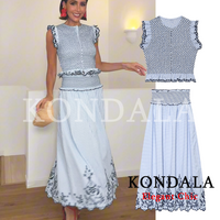 KONDALA Women Trendy Elegant Embroidery Blue Skirt Set Casual Set Plaid Vest Midi Skirt 2026 Spring Summer Holiday Beach Set