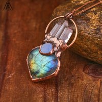 Heart Flash Labradorite Antique Bronze Plated Pendant Necklace Women Healing Crystal Vintage Necklace For Men Jewelry Gifts