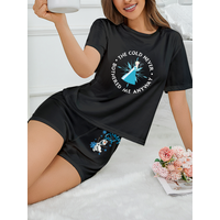 Women's 2-piece Disney Ice Queen Elsa Cartoon Printed Pattern Short sleeved Top and Shorts Nightwear Home Clothes