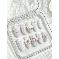 10 Pieces of Handmade Almond-Shaped Full-Cover Nail Tips, Medium Length, Pink and White Cherry Polka Dots, Soft and Sweet Style, Featuring 3D Cherry, Polka Dot, and Star Designs, Using Nude-Toned Cat