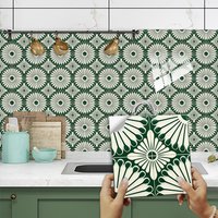 10pcs Forest Green Daisy Pattern Styles Tiles Wall Sticker Kitchen Backsplash Oil-proof Peel & Stick Home Decor Art Wall Decals