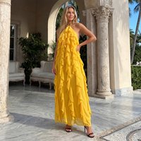 Women Fashionable Backless Sleeveless Ruffle Dresses Summer Holiday Beach Solid Color Halter Long Dress