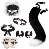 Cute Faux Fur Fox Tail Cat Wolf Cosplay Set Plush Mask Fluffy Paw Gloves for Halloween Christmas Party Plush Props Accessories