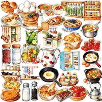 56PCS Vintage Kitchen Colored PET Sticker Aesthetic Sticky Transparent DIY Phone Laptop Luggage Skateboard Graffiti Decals