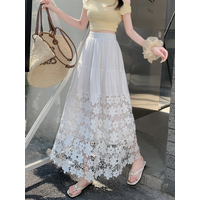 Romantic Style Lace Hollow out A-Line Skirt Women's Mid-Length Pleated Slimming Half Body Skirts Summer New High Waist