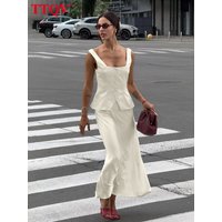 TTQV Summer Loose Apricot Satin 2 Piece Set Women Elegant Sleeveless Tank Top With High Waist Long Skirt Set Female Streetwear