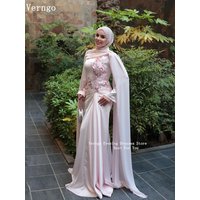 Verngo Pink Chiffon Appliques Evening Dress O Neck Full Sleeves Mermaid Pleated Party Dresses Women Modest Prom Gown Customized