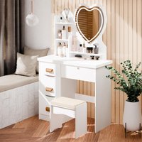Makeup Vanity Desk with LED Lighted Heart-shaped Mirror, Bedroom Dressing Table with 4 Drawers and Opening Shelves, and Stool