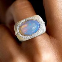 Aesthetic Inlaid Imitation Opal White CZ Women's Ring Silver Color Geometry Daily Wear Party Jewelry Anniversary Gift