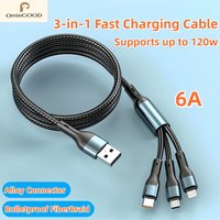 120W 6A 3 in 1 Fast Charging Cable, USB Type C & Micro USB Data Cord for IPhone/Samsung/Xiaomi/Huawei, Braided Durable Material
