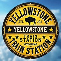 Vintage Yellowstone Train Station Wyoming Metal Wall Art, Round Retro Bison Decorative Tin Sign, Rustic Western Themed Metal Pla