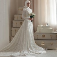 Gorgeous Lace Wedding Dress Vestido De Noiva Customized High Neck Long Sleeves Court Train A Line Arabian Bridal Gown