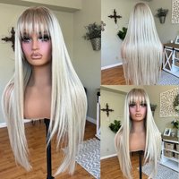 Natural Hair Silky Straight Lace Front Wig Ombre Platinum Blonde Glueless Wig with Fringe Soft Hair Synthetic And Blend Lace Wig