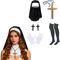6 Styles Nun Costume Accessories Set, Nun Habit Headpiece & Cross Necklace for Halloween Cosplay
