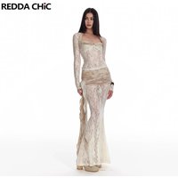 REDDACHiC Women Shrug Top Skirt Set Floral Lace See Through Long Sleeve T-shirt Mermaid Flowy Maxi Skirt Festival Party Costumes