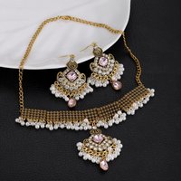 Luxury Pink Zircon Water Drop Pendant Earrings Necklace New Vintage Geometric Pearl Tassel Earrings Set Female Wedding Jewelry