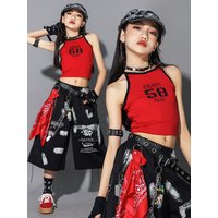 Girls Hip Hop Crop Red Tank Tops Cargo Shorts Children K-pop Street Dance Costume Kids Girl Group Streetwear Jazz Clothes Sets