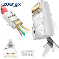 10pcs Shielded RJ45 Cat6A Cat7 Pass Through connectors - 3 Prong 8P8C Gold Plated 2-Piece Pass Through Modular Data Plug