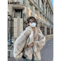 Lautaro Autumn Winter Oversized Loose Casual Luxury Soft Thick Warm Hairy Faux Fox Fur Coat Women Long Sleeve Fluffy Jacket 2024
