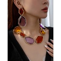 A Set of Fashionable and Versatile Exaggerated Summer Trendy Women's Jewelry Set, Including Vibrant Rubber Block Earrings and a Necklace