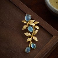 S925 Sterling Silver Gold-plated Aquamarine Leaf Brooch Earrings Retro Niche Literary Aquamarine Garnet Brooch