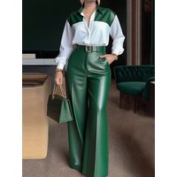 Women's Turn-Down Collar Long Sleeve Top with PU Leather Wide Leg Pants Fashion Two-Piece Set Elegant Spring Autumn Outfit 2026