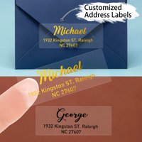 30-240Pcs Custom Text Rectangle Transparent Golden Foil Stickers, Personalized Wedding Labels, Customized Birthday Stickers,