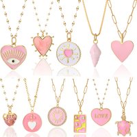 Cute Pink Heart Blue Eye Necklace for Women Cross Gold Color Pendant Woman's Collars Long Stainless Steel Chains Y2k Jewelry