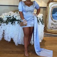 Mini Short Customized Cocktail Dress Sheath O Neck Cocktail Gown For Women Short Puff Sleeves Beading Prom Party Gown With Train