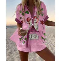 2 Pieces Set For Woman Fashion Casual Printed Two Piece Set Summer Color Colorful Button Short Sleeves Shirts And Shorts 2 Sets