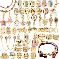 New Original Sparking Goldn Cherry Blossom Bow Dog Safety Chain Charms Beads DIY Women Jewelry Gift Beads Fit Bracelets
