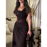 Jirocum Luxury Chocolate Brown Beaded Evening Dresses One-Shoulder Draped Corset Gown for Gala & Prom