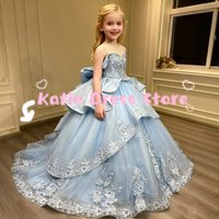 Sky Blue Flower Girl Dress For Wedding Tulle Lace Applique With Bow Kids Birthday Party First Communion Ball Gowns Customized