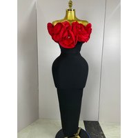 New Stereoscopic Red Flowers Sexy Off The Shoulder Ankle Lenght Bandage Dress Woman Birthday Party Vestido Wedding Party Outfit