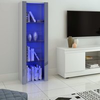 Modern Tall Display Cabinet with Glass Shelves, LED Lights, White & Grey Finish for Living Room Storage