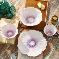 Home Use Purple Floral Underglaze Ceramic Bowl and Plate Set - Ideal for Dessert, Rice, Salad & Fruit, High-Value Design