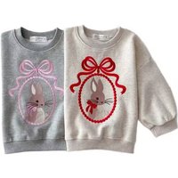 Korean Girls Cozy Hooded Sweatshirt, Embroidered Bow & Bunny Rabbit Pullover Cute Fall Clothes for Baby Toddler & Little Kids